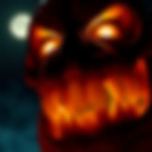 Close-up of large teeth and glowing eyes under moonlight