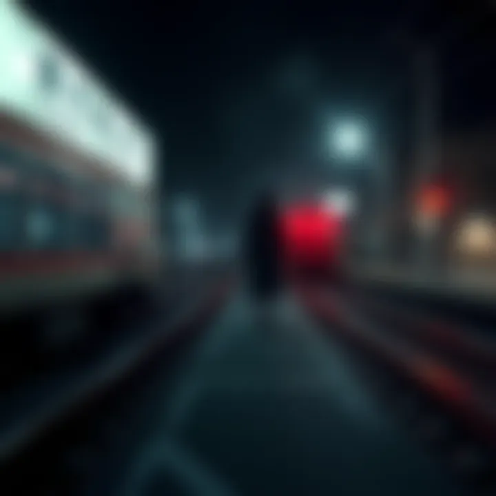 A ghostly figure resembling Teke-Teke, with a top half of a woman and no legs, haunting a dimly lit railway crossing at night.