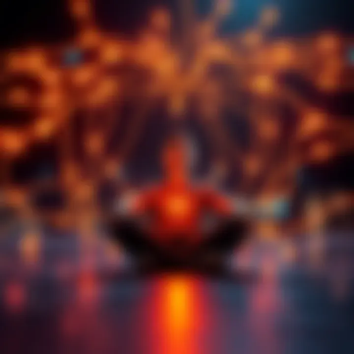 A person sitting cross-legged with closed eyes, surrounded by glowing lines representing thought connections to another person nearby, who is observing.