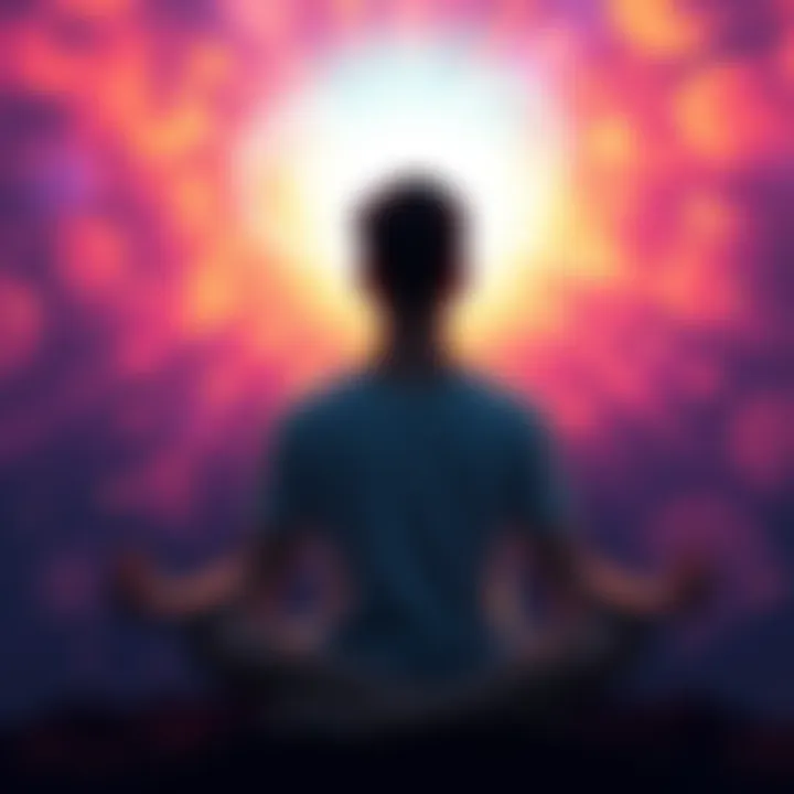 A person meditating, feeling a spiritual bond with an ex-girlfriend, surrounded by a glowing aura.