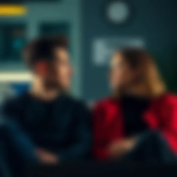 Two individuals sitting close together, looking at each other with a focused expression, representing the concept of telepathy.