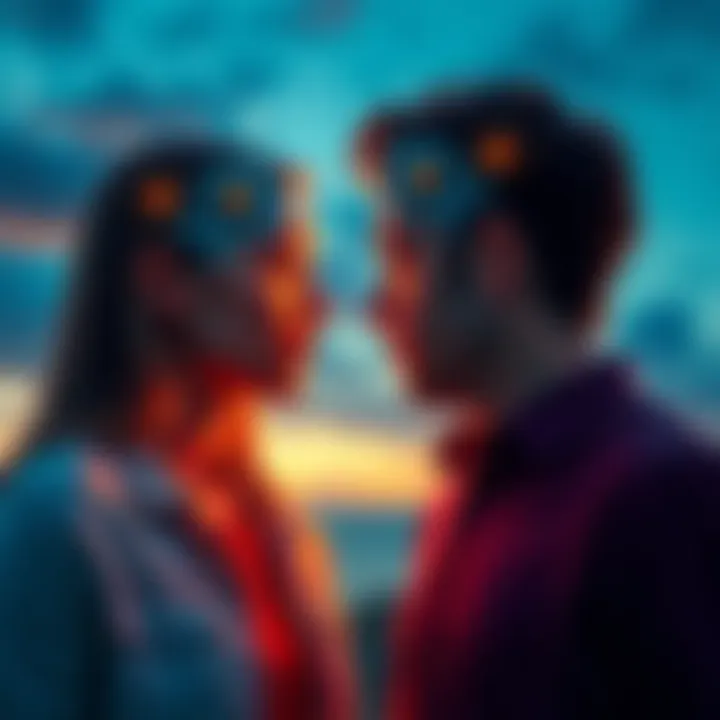 Two people connecting mentally in a serene setting, representing telepathic communication through thoughts and feelings.