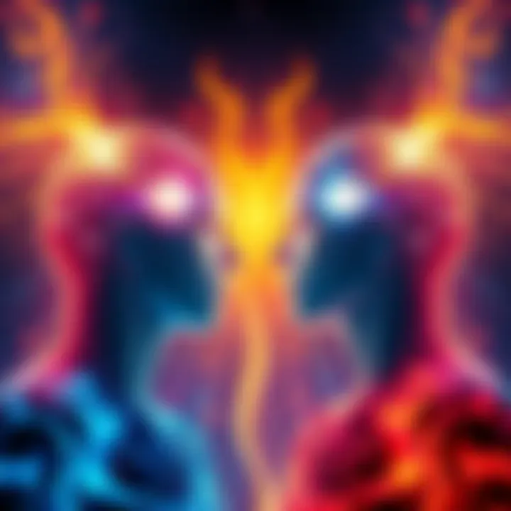 Two figures connect through a glowing energy, symbolizing telepathic communication related to twin flames.