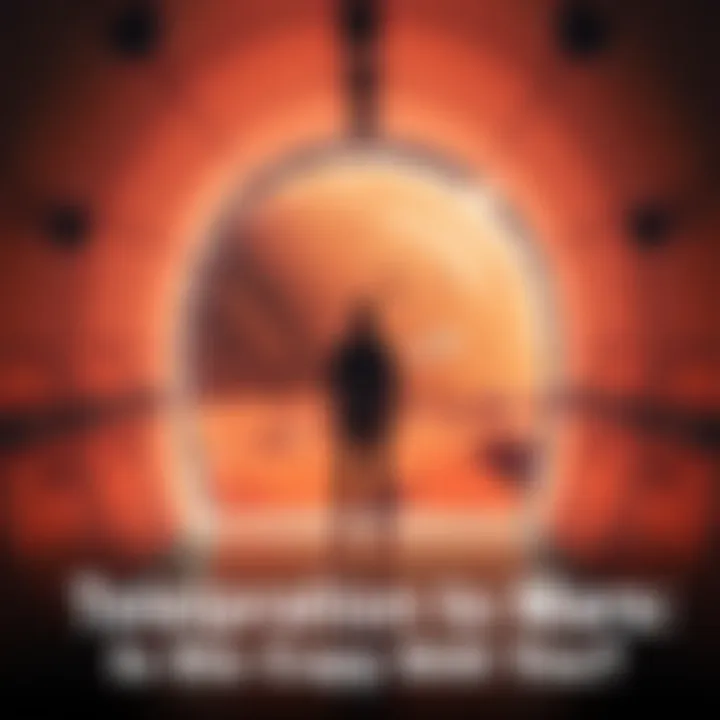 A person standing in a teleportation chamber with a view of Mars in the background, questioning their identity as they prepare to teleport.