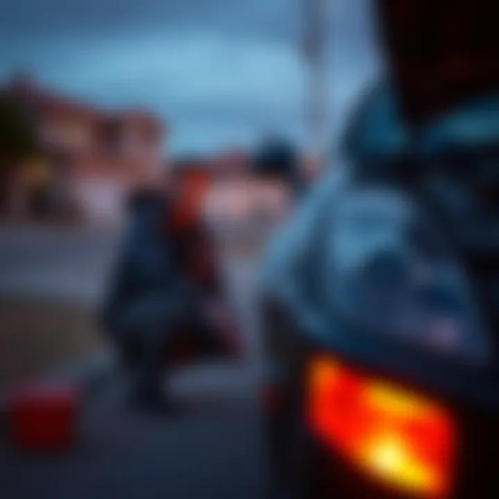 A person crouches near a car with a puzzled expression, looking around as if startled by a voice, in a quiet neighborhood in Temecula, California.