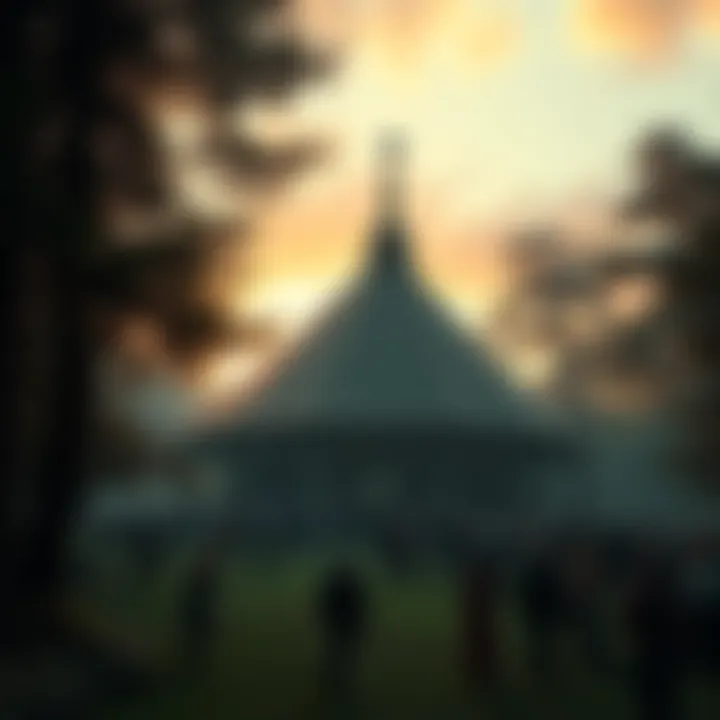 A proposed Neo-Pagan temple surrounded by trees and people gathering for a celebration.