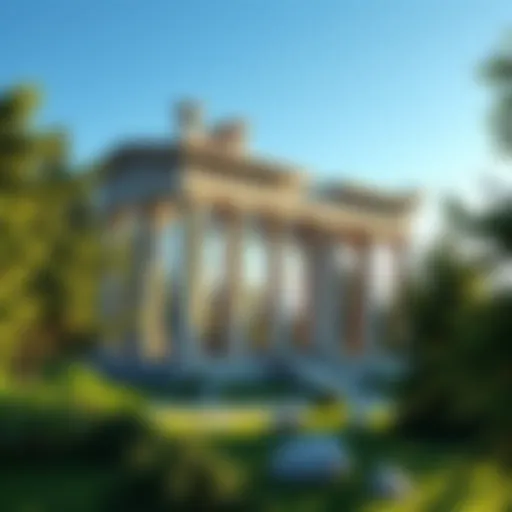 Ancient ruins of the Temple of Eris surrounded by lush greenery, showcasing columns and stone structures under a clear blue sky.
