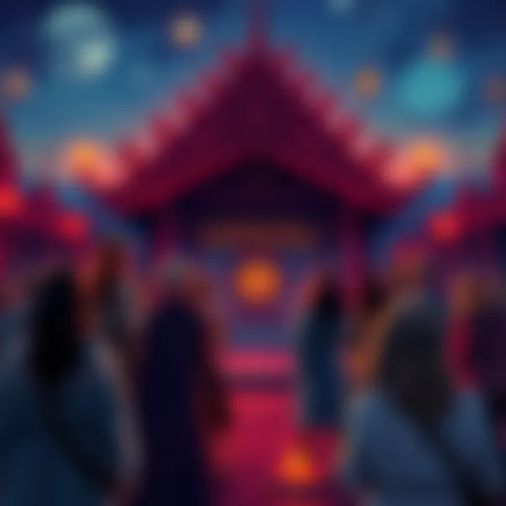 Temple of the Nightshadow Community Gathering A diverse group of people gathered at a temple, celebrating inclusivity and connection. Some are engaging in discussions, while others participate in activities related to the Everwoven Tradition.