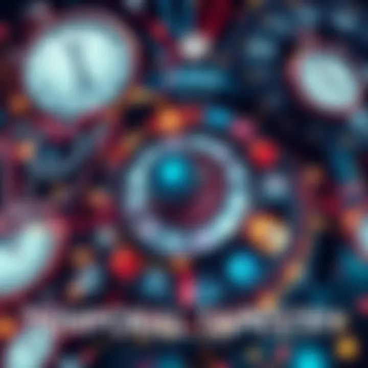 Temporal Tapestry An abstract visualization representing the layers of time in society, illustrating clocks, calendars, and human experiences intertwined.