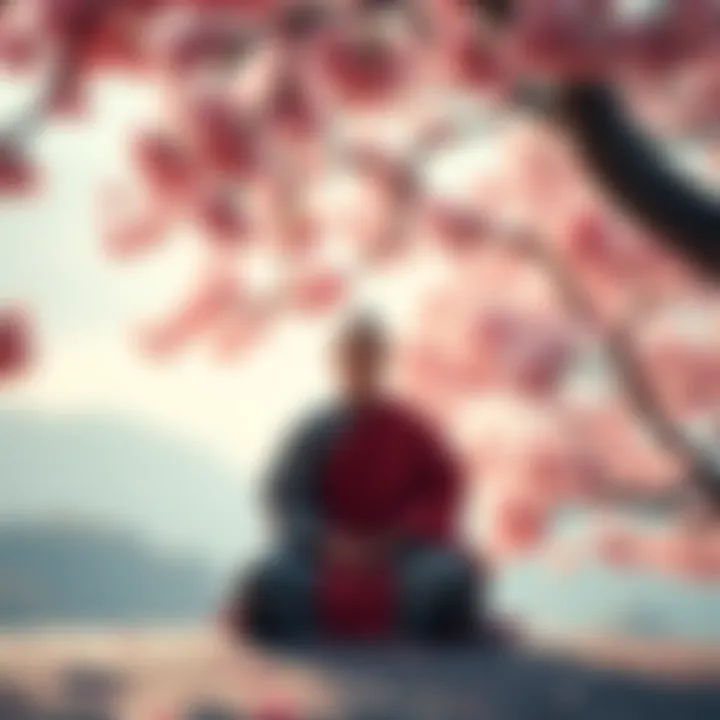 A peaceful monk meditating under cherry blossoms, embodying Tendai Shu's essence