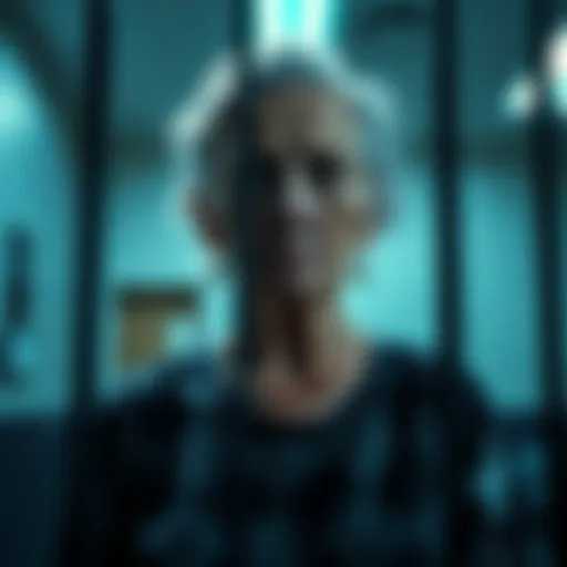 A distressed elderly woman looking worried in a police station, highlighting the error of wrongful incarceration due to AI technology