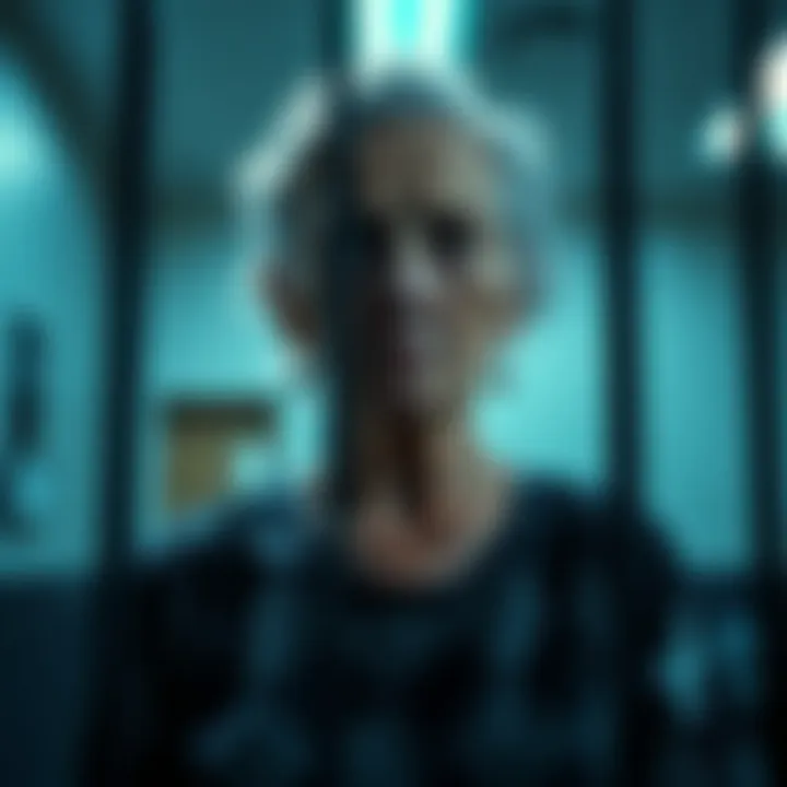 A distressed elderly woman looking worried in a police station, highlighting the error of wrongful incarceration due to AI technology