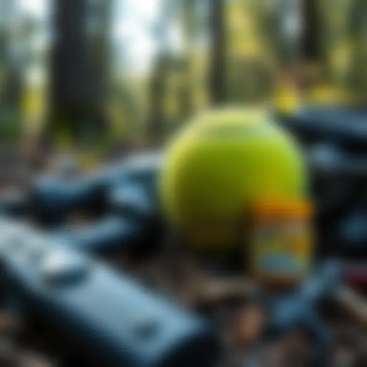 A tennis ball next to hiking gear including a hand-launcher and peanut butter, set in a forest scene