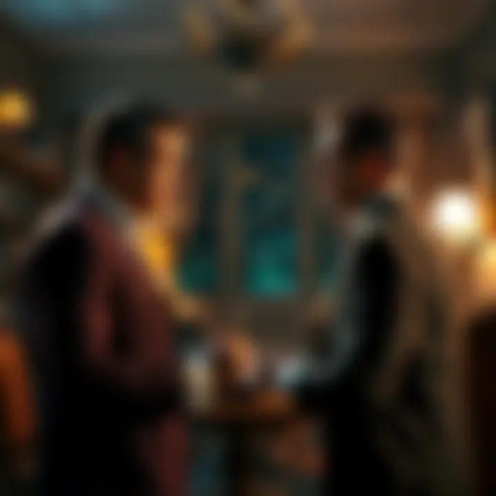 A tense confrontation between two writers A struggling writer faces a successful one in a dimly lit luxurious living room, revealing their inner turmoil and ambitions.