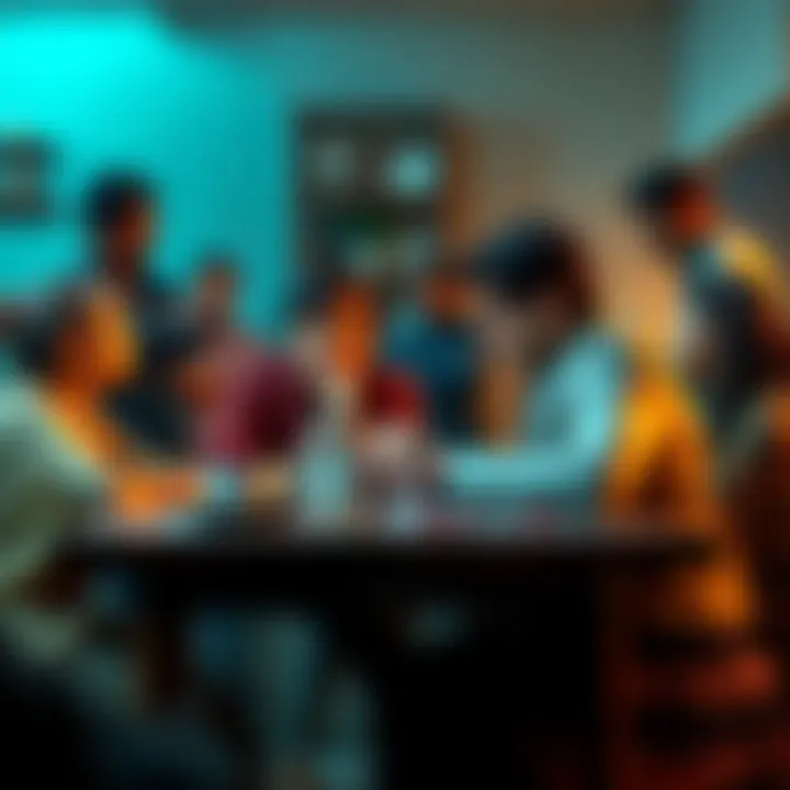 Tense Family Discussion A couple sits anxiously at a table while their families argue in the background, highlighting a conflict during arranged marriage talks.