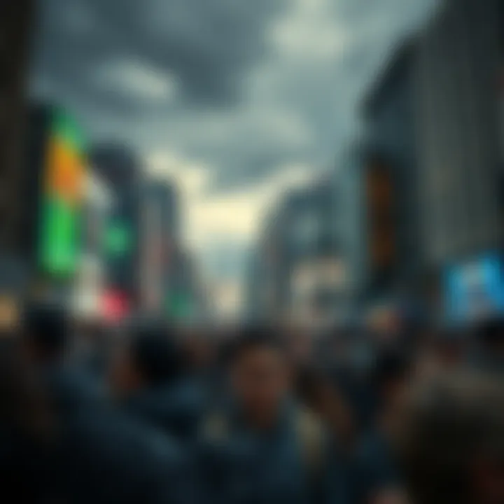 A crowd of people looking anxious in a busy city street with dark clouds overhead, symbolizing chaos and uncertainty