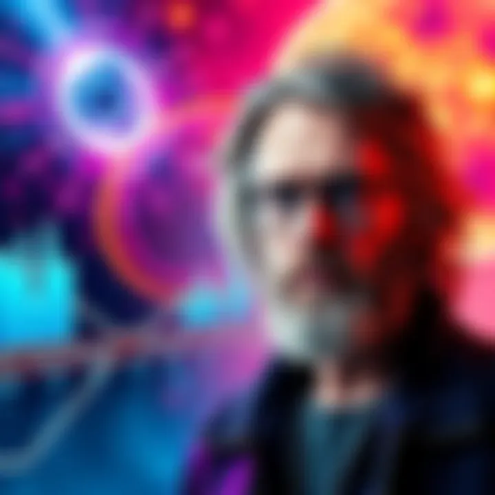 A visual representation of Terence McKenna with graphs illustrating the Timewave Zero concept and a timeline in the background.