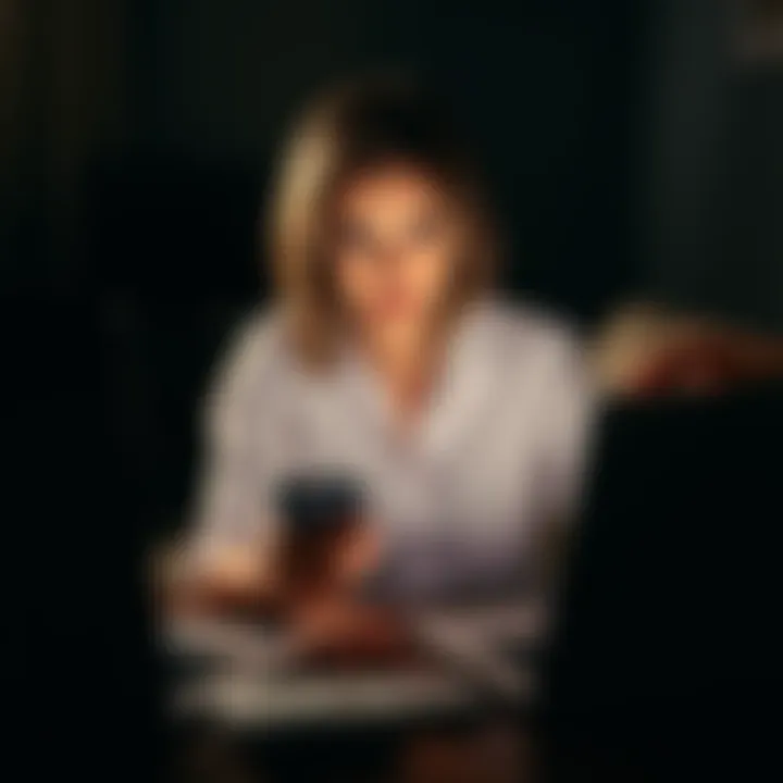 A woman appears terrified while sitting with her phone and laptop, suggesting she feels monitored. Dark shadows in the background give a sense of danger.