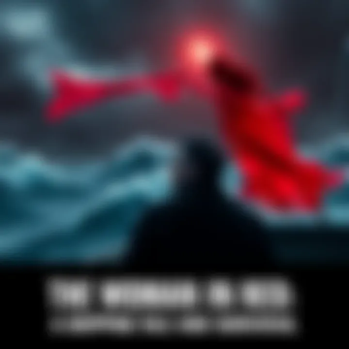 A man on a ship staring in shock at a ghostly woman in red, surrounded by dark waves and stormy skies.