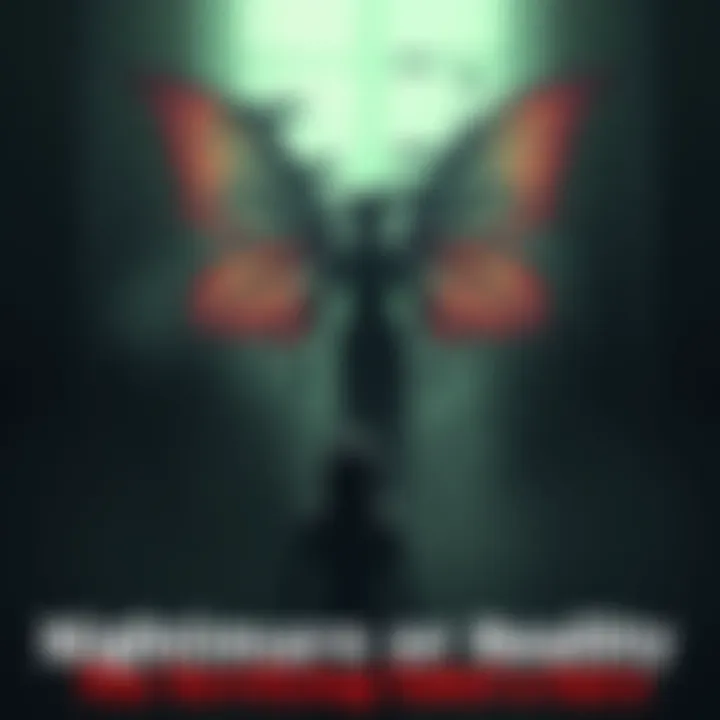 A scary fairy with sharp wings looms over a frightened person in a dim room, creating an atmosphere of dread. Shadows cast eerie shapes around them.