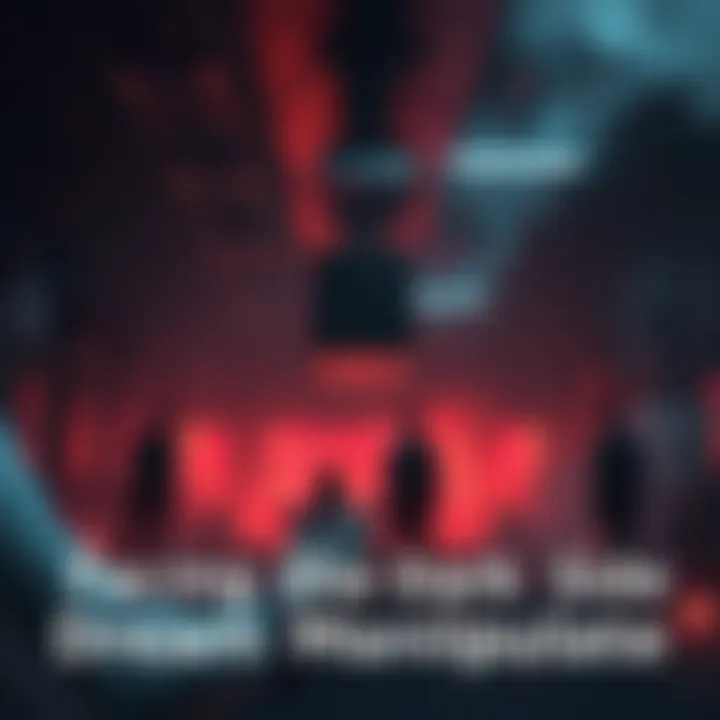 A dark and eerie room filled with shadowy figures and disempowered individuals, conveying a sense of fear and anxiety in a surreal dream setting.