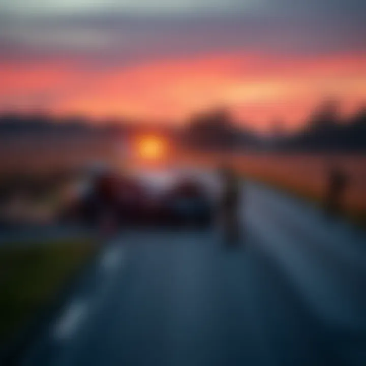 Scene of a Tesla crash on a rural road in Missouri, with emergency responders at the site and a damaged vehicle