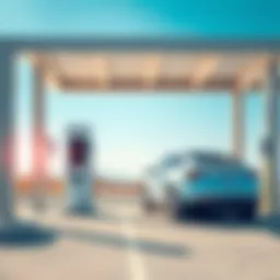 A Tesla electric car charging at a supercharging station in Israel, with a clear blue sky in the background