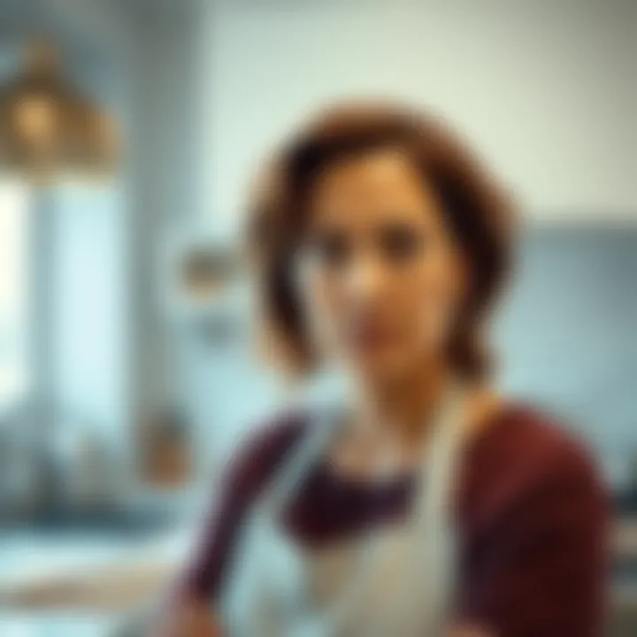 Tess, a cooking instructor, with a serious expression showcasing her unique approach to beauty and aging, standing in a kitchen environment.