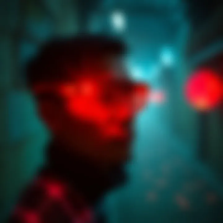 A person wearing red Dicyanin glasses, observing infrared signatures in a dimly lit area of Vietnam, with mysterious glowing patterns visible around them.
