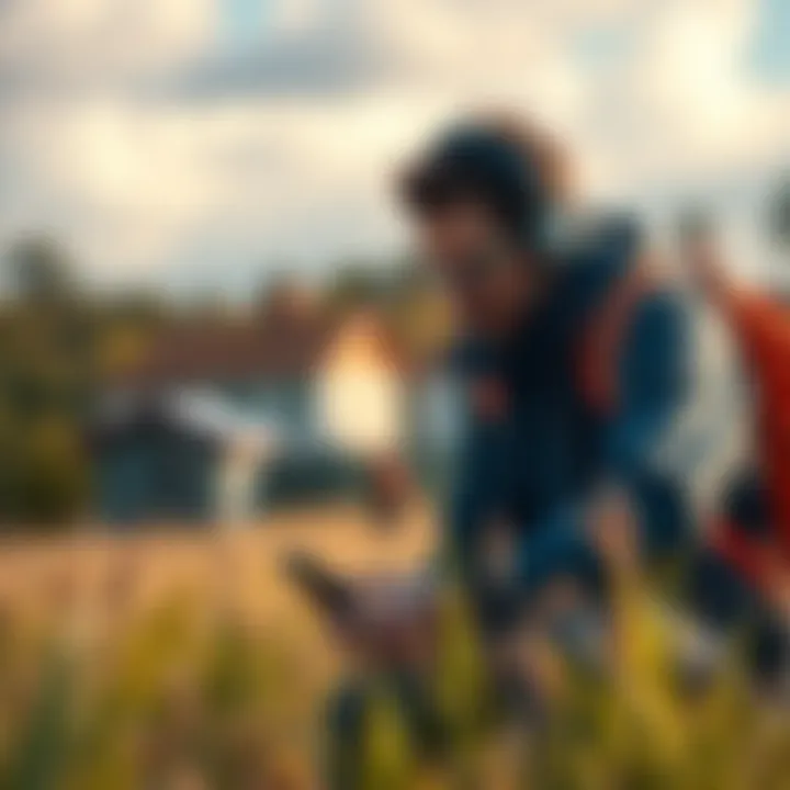 Testing GPS Devices in Triangle Area A researcher testing various GPS devices in a field in the Triangle Area, focused on improving reception accuracy.