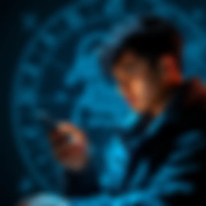 A person texting on their phone, looking thoughtful, with astrological Capricorn symbols in the background.