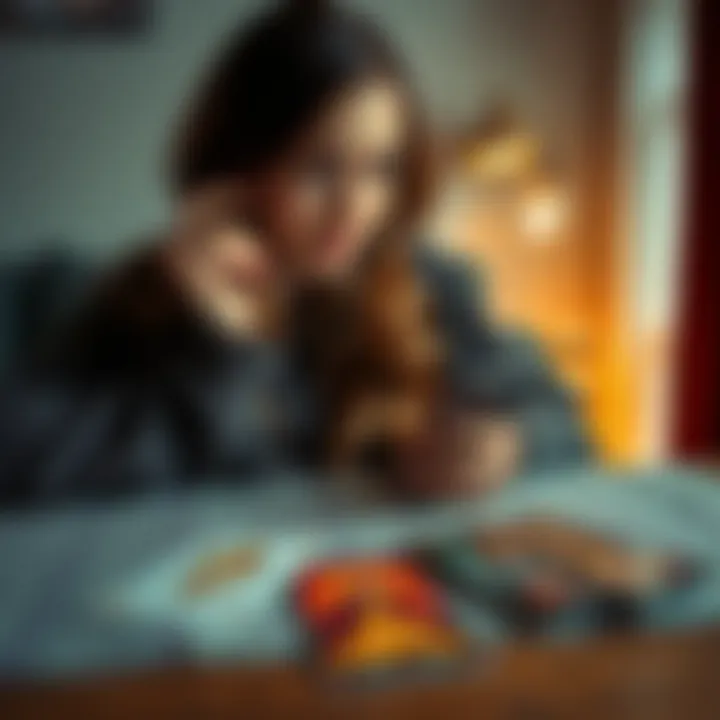 A woman looking at her phone with a thoughtful expression, considering texting a guy first; tarot cards are spread on a table next to her.