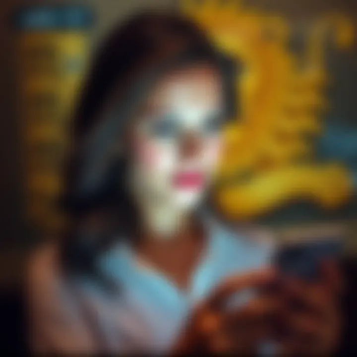 A woman texting on her phone while looking thoughtful, considering how Leo men respond to texts, with a lion symbol in the background.