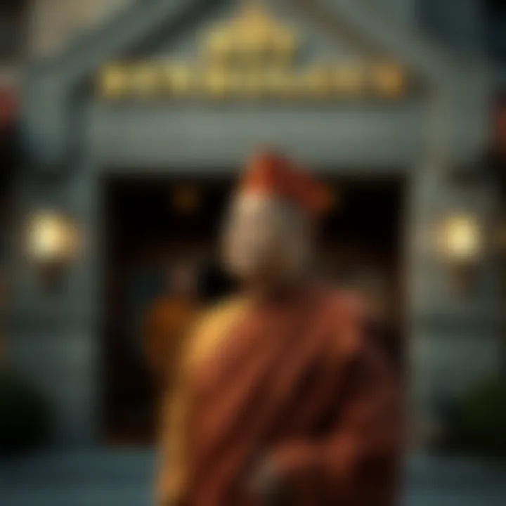A Thai Buddhist in traditional attire standing outside a synagogue, looking contemplative as he declines an invitation for Shabbat services.