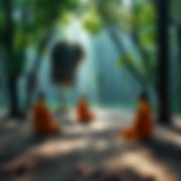 Monks practicing meditation in a serene forest setting, representing the Thai Forest tradition