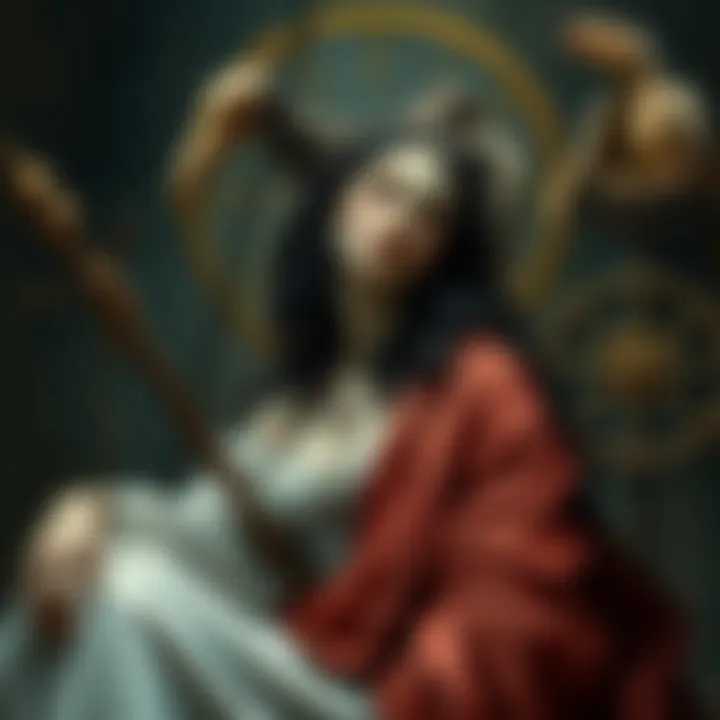 A painting showing Thanatos represented as a woman, embodying themes of death and mortality, surrounded by symbolic elements from art history.