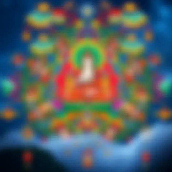 A colorful thangka featuring detailed patterns and symbols, showcasing Buddhist art.
