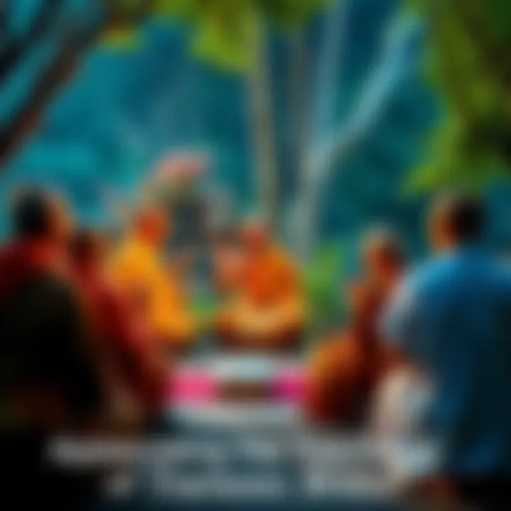 A serene setting with Thanissaro Bhikku speaking to a group of attentive listeners, surrounded by nature and books on dharma.