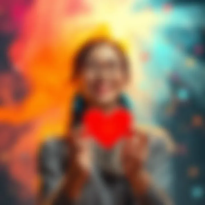 A person expresses gratitude with a smile, holding a heart symbol, surrounded by vibrant colors representing joy and appreciation.