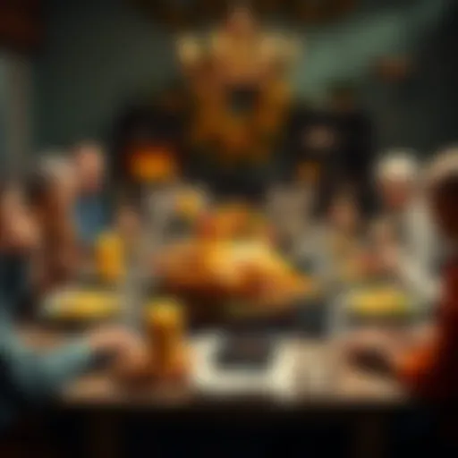 A beautifully set dinner table with a turkey, sides, and family gathering around it.