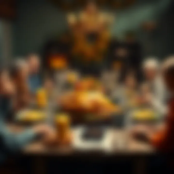 A beautifully set dinner table with a turkey, sides, and family gathering around it.