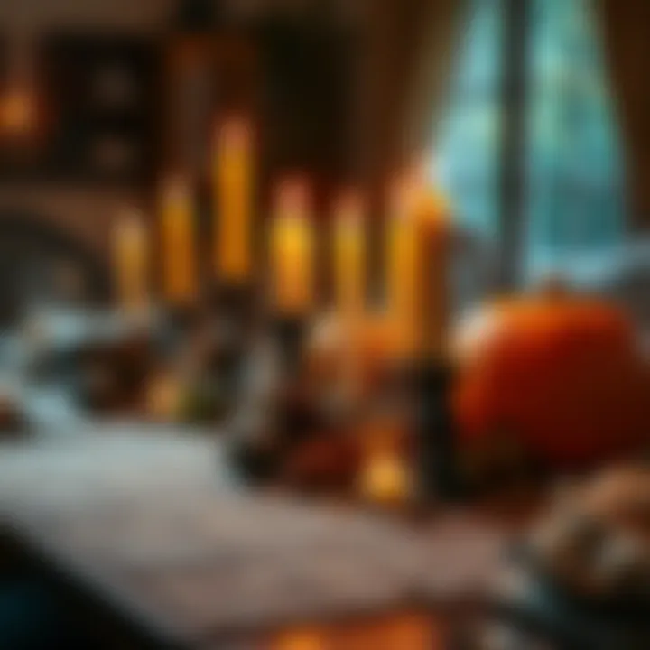 A warm Thanksgiving dinner table set with candles, showing a balance of traditional decor and witchcraft symbols, like small crystals and herbs, creating a cozy atmosphere