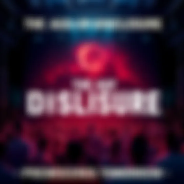 A promotional image for The Age of Disclosure documentary, featuring film details and a crowd gathering for the premiere event.