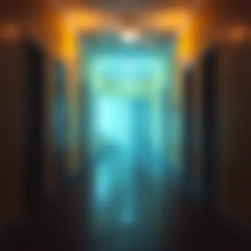 A dimly lit corridor with yellow walls and flickering lights, representing the eerie atmosphere of The Backrooms.