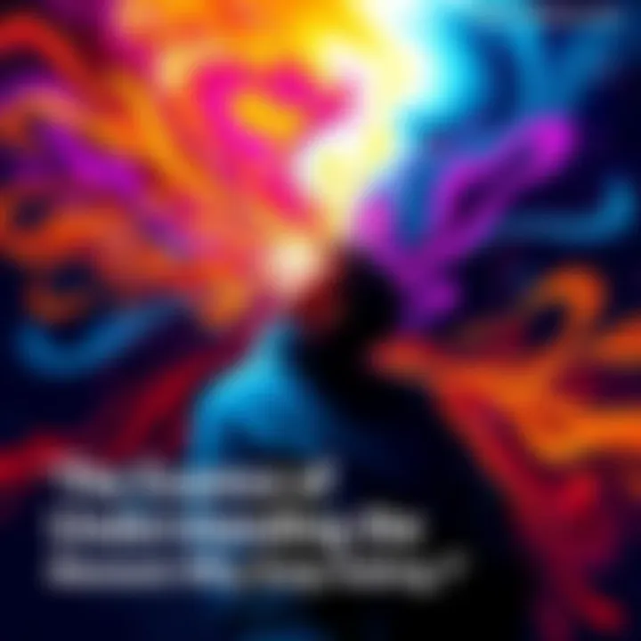 An abstract representation of enlightenment and understanding with swirling colors and a silhouette of a person deep in thought.