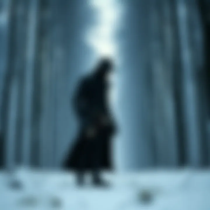 A shadowy figure resembling The Jingle Man stands in a snowy forest, surrounded by tall trees. He has a long coat, a hat, and jingling bells, creating a haunting atmosphere.