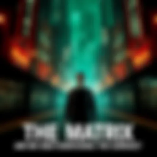 A dark urban landscape representing a digital reality, with a figure wearing sunglasses contemplating their escape from an illusion.