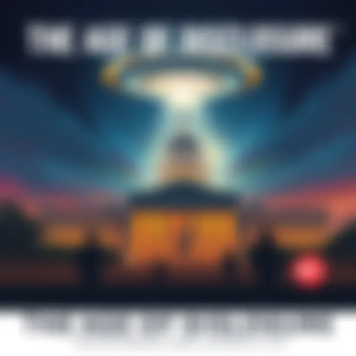 A poster featuring a UFO above a government building with silhouettes of military personnel.
