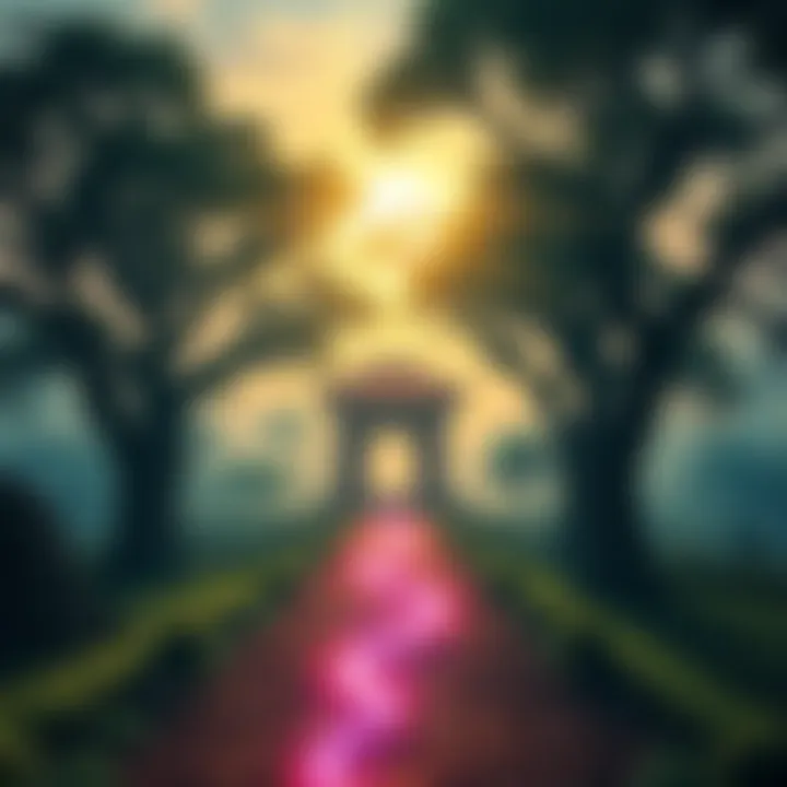 A serene landscape with ancient trees and a glowing path leading to a bright horizon, symbolizing spiritual growth and transformation.