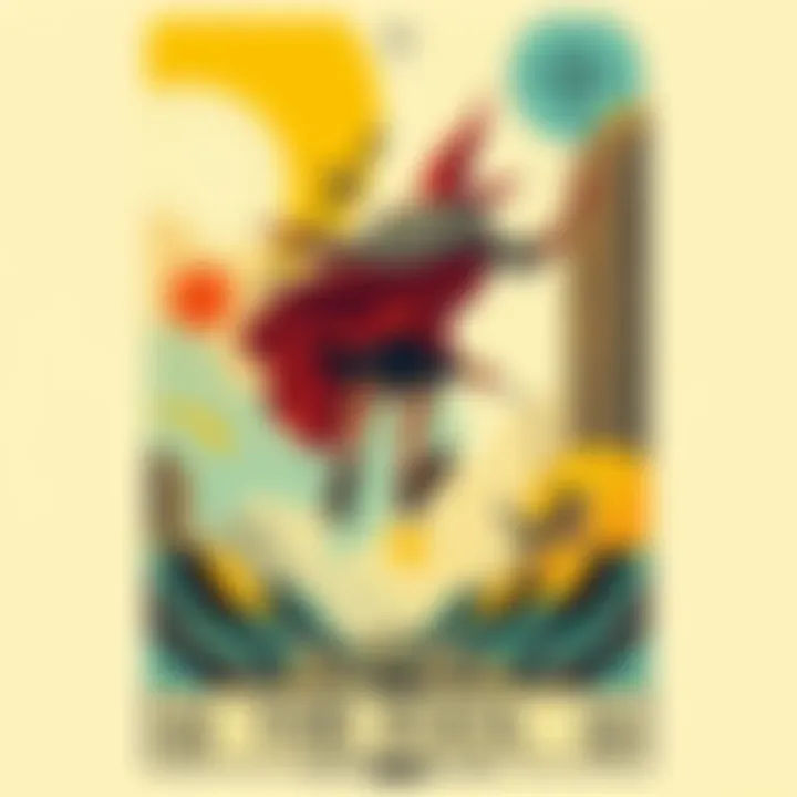 A whimsical character depicted as The Fool in tarot, leaping forward with a small dog by their side, symbolizing innocence and new beginnings, surrounded by vibrant colors and abstract shapes.